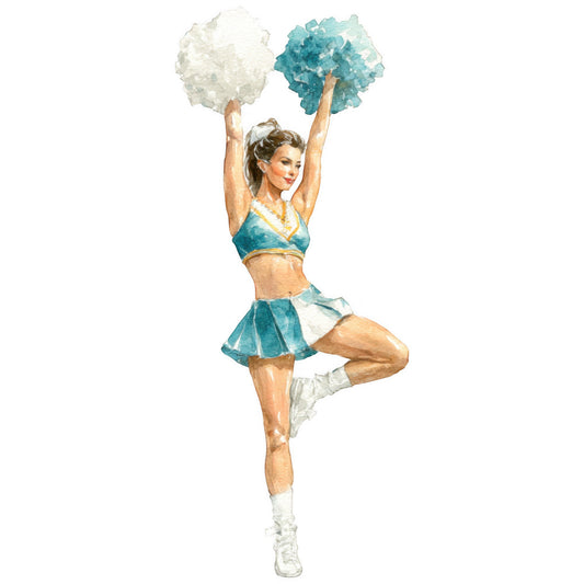 teal, turquoise, white, gold, cream, cheerleader, sports, vintage, retro, 1950s, nostalgic, pin-up, woman figure, athletic, performance, dance, action pose, whimsical, playful, cheerleading pom-poms, illustration, watercolor style, fashion, athletic wear, novelty, feminine, energetic, spirited, girls, teens