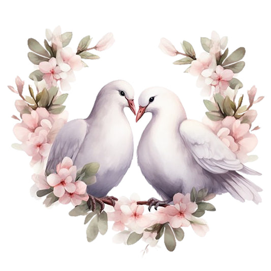 Spring White Doves Fabric Panel 13 featuring two white doves surrounded by delicate pink blossoms and green leaves on premium quilting cotton.