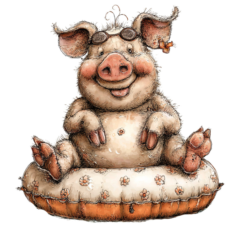 whimsical pig, farm animals, cute pig, animals, farmhouse, rustic, children's fabric, baby fabric, character panel, brown, tan, cream, coral pink, rust orange, steampunk pig, goggles, quirky, playful, humorous, illustration, novelty, kids' design, adorable, countryside, barnyard, floral details, cushioned seat, vintage steampunk style