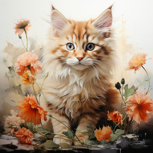 Watercolor Cats with Flowers Fabric Panel 7 featuring a detailed fluffy orange kitten surrounded by soft peach watercolor flowers.