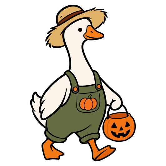 goose, duck, halloween, autumn, fall, pumpkin, jack-o-lantern, straw hat, farmhouse, whimsical, cream white, olive green, orange, harvest, seasonal, animal, birds, children, cute, folk art, country, rustic, trick-or-treat, thanksgiving, cottage core, pastoral, cheerful, novelty print