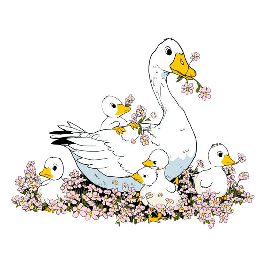 ducks, geese, mother and ducklings, pink flowers, yellow beaks, white birds, spring, floral, nature, farmhouse, whimsical, pastoral, baby animals, light blue, soft colors, gentle, storybook, children's, nursery, garden theme, daisy flowers, sweet, charming, vintage style, adorable, cottage core, mother duck with ducklings, baby quilt, wall hanging