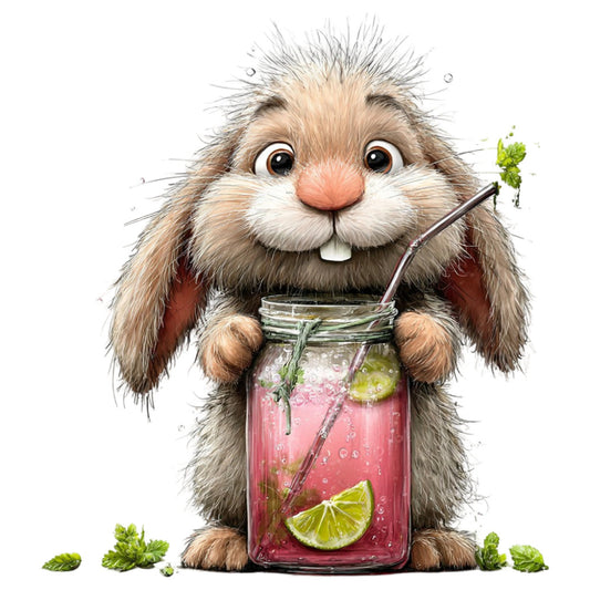 cute rabbit, whimsical animal, bunny with drink, coral pink, sage green, cream white, taupe brown, beverage illustration, refreshing drink, lime slices, mint leaves, playful character, charming woodland, humorous design, summer vibes, spring theme, nature-inspired, child-friendly, storybook style, illustrated animals, nursery decor, kids quilt, wall hanging, decorative panel, fun pattern, cheerful colors, adorable critter, cottage core, fantasy woodland creature