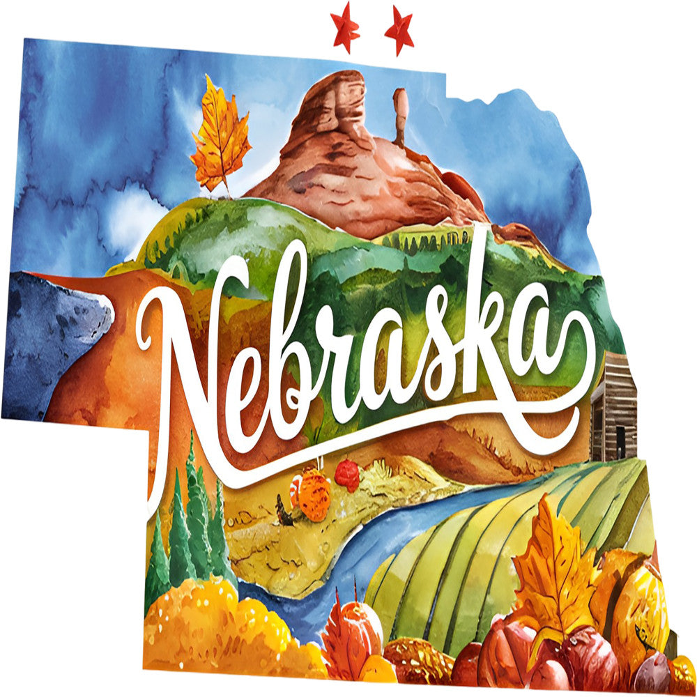 Classic US States Fabric Panel 13 featuring a colorful Nebraska landscape printed on premium quilting cotton.