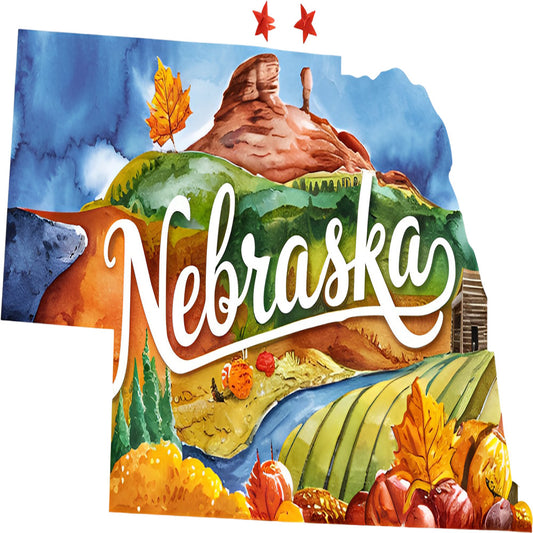 Classic US States Fabric Panel 13 featuring a colorful Nebraska landscape printed on premium quilting cotton.