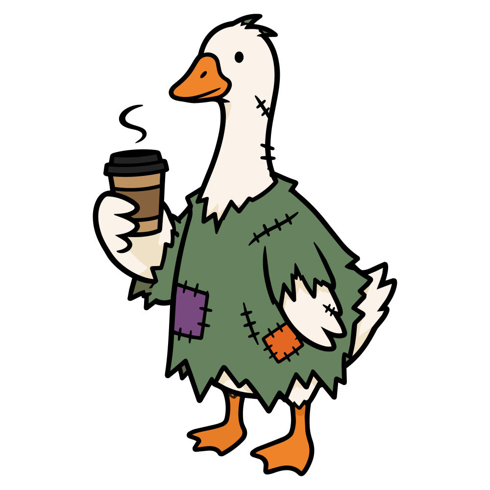 zombie duck, halloween, sage green, orange, cream, black, patched, stitched, whimsical, quirky, undead, coffee cup, horror, spooky, autumn, funny animals, cartoon, playful, casual style, horror themed, damaged clothes, ragdoll, folk art, eccentric, novelty print, character fabric, dark comedy, rustic whimsy