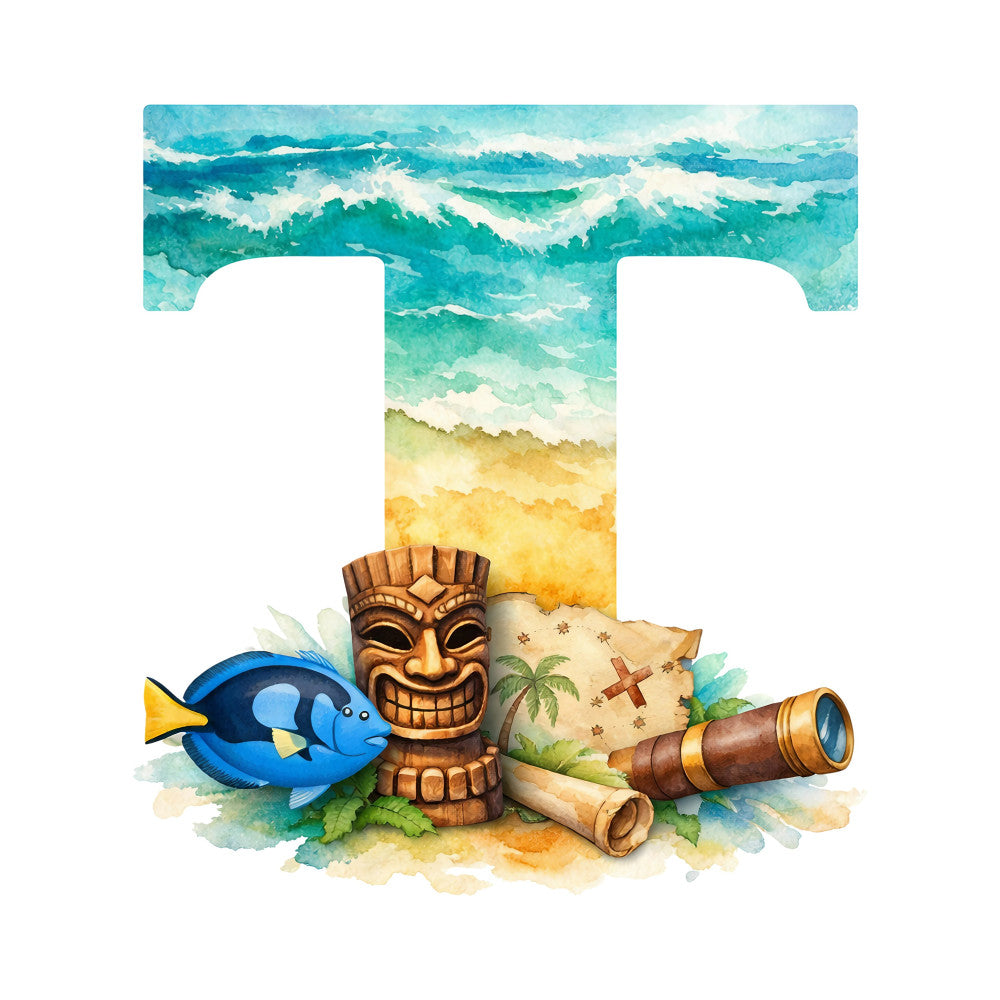 ocean waves, turquoise blue, sandy beige, tropical yellow, tiki mask, blue fish, treasure map, telescope, nautical theme, beach scene, tropical paradise, summer vibes, coastal style, adventure theme, whimsical design, watercolor art, aqua blue, cream white, golden sand, teal green, seafaring, explorer theme, travel inspired, vacation aesthetic, island getaway, decorative panel, wall art, children's quilt, adventure quilt, beachy keen