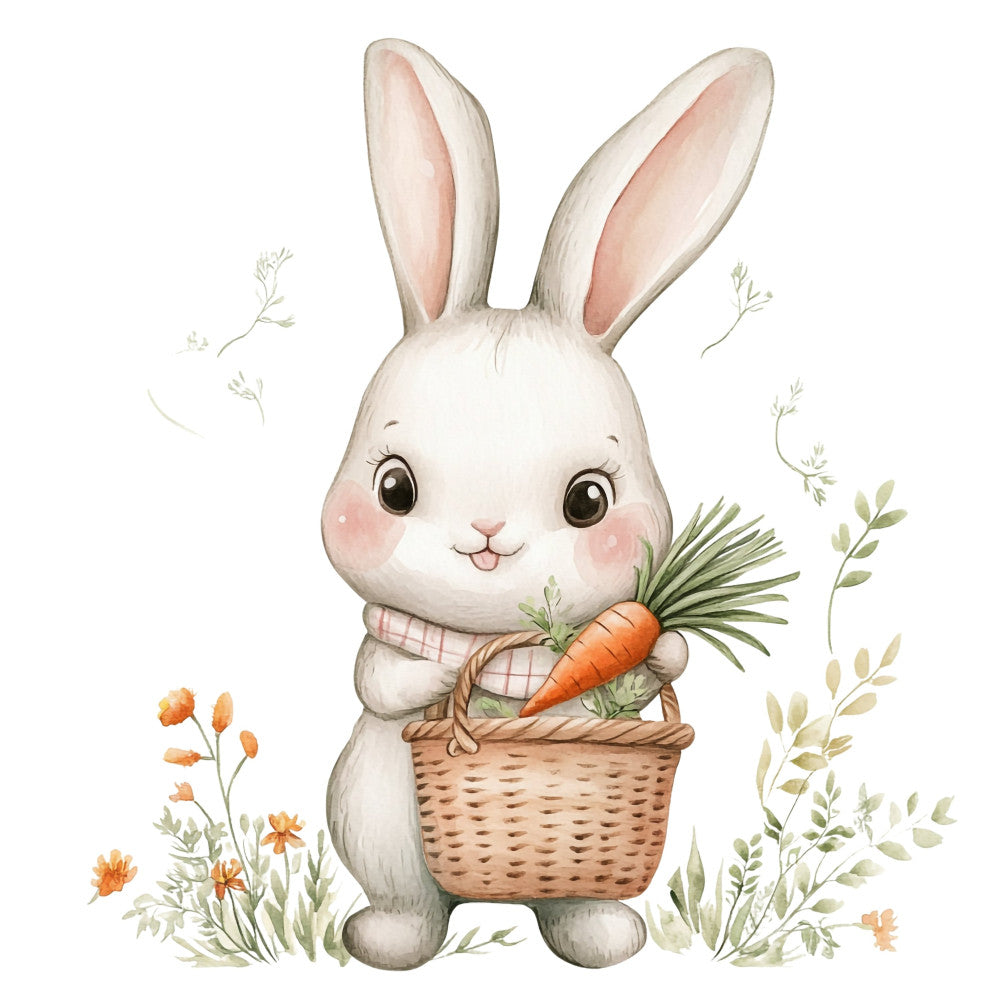 cute bunny, white rabbit, carrot, spring, pastel pink, cream, soft green, orange, floral, nature, animals, whimsical, sweet, gentle, baby, nursery, easter, garden, basket, flowers, botanical, soft colors, delicate, charming, cottage core, farmhouse, children's, playful, storybook, illustration style