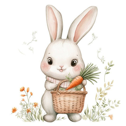 cute bunny, white rabbit, carrot, spring, pastel pink, cream, soft green, orange, floral, nature, animals, whimsical, sweet, gentle, baby, nursery, easter, garden, basket, flowers, botanical, soft colors, delicate, charming, cottage core, farmhouse, children's, playful, storybook, illustration style