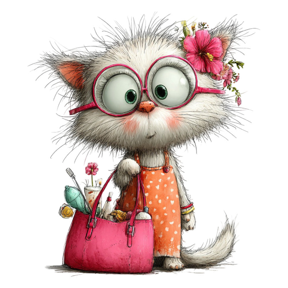 whimsical cat, pink glasses, cute animal, flower crown, floral, coral pink, hot pink, cream white, orange, nature, spring, summer, garden theme, playful, children's, cat lover, botanical, pink flowers, decorative, panel design, character fabric, illustrated, charming, feminine, colorful, stylized animal, girl's fabric, nature lover, botanical garden