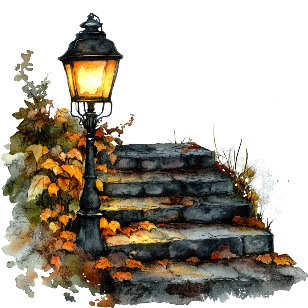 autumn lantern, fall leaves, golden yellow, warm orange, charcoal gray, stone gray, rustic, vintage, nature, seasonal, botanical, ivy, weathered, nostalgic, evening light, street lamp, steps, pathway, fall foliage, cozy, traditional, landscape, outdoor scene, autumn colors, burnt orange, moss green, watercolor, artistic, decorative panel, wall hanging