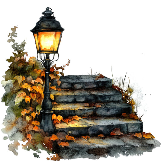 autumn lantern, fall leaves, golden yellow, warm orange, charcoal gray, stone gray, rustic, vintage, nature, seasonal, botanical, ivy, weathered, nostalgic, evening light, street lamp, steps, pathway, fall foliage, cozy, traditional, landscape, outdoor scene, autumn colors, burnt orange, moss green, watercolor, artistic, decorative panel, wall hanging