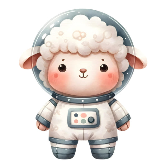 cute sheep astronaut, space theme, nursery, baby quilt, whimsical, soft pastel, cream white, dusty blue, coral pink, blush pink, gray blue, animal character, cartoonish, modern illustration, children's fabric, gender neutral, sweet design, playful, wall hanging, baby bedding, celestial, helmet, space suit, fluffy wool, gentle colors, adorable, kawaii style, celestial theme, young children