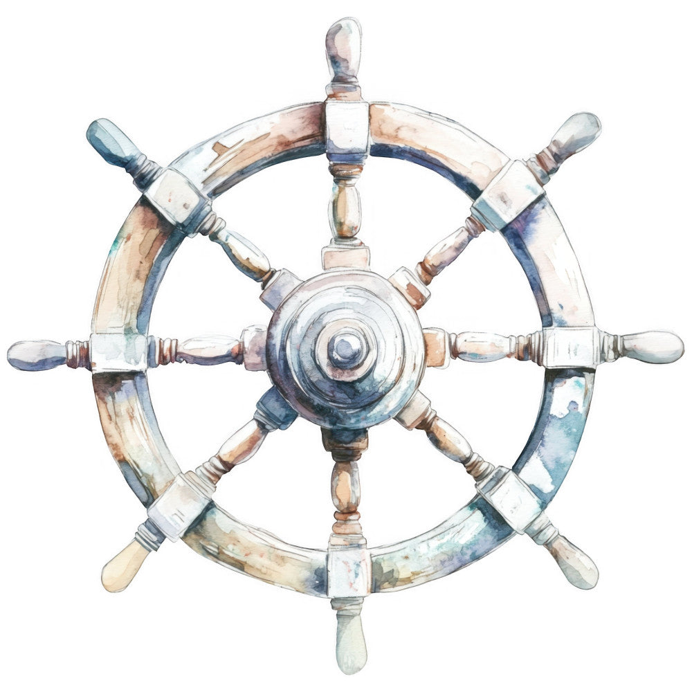 nautical, ship wheel, steering wheel, vintage, maritime, coastal, ocean, navy blue, cream, tan, beige, rust brown, watercolor, painted, distressed, weathered, marine, nautical theme, boat, sailor, coastal decor, seaside, beach, adventure, travel, traditional, elegant, wall hanging, home decor, decorative panel