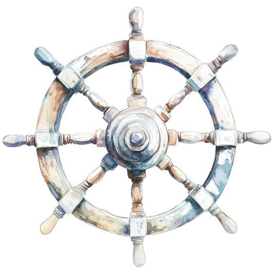 nautical, ship wheel, steering wheel, vintage, maritime, coastal, ocean, navy blue, cream, tan, beige, rust brown, watercolor, painted, distressed, weathered, marine, nautical theme, boat, sailor, coastal decor, seaside, beach, adventure, travel, traditional, elegant, wall hanging, home decor, decorative panel