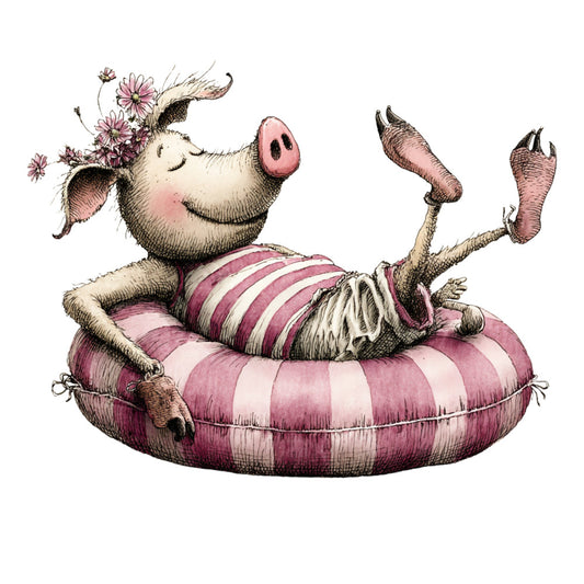 whimsical, pig, animal, pink, mauve, cream, ivory, floral, flowers, stripes, striped, playful, cheerful, cute, children, kids, farmhouse, pastoral, spring, summer, daisy, floating, relaxed, humorous, charming, vintage illustration, storybook, nature, garden, contentment
