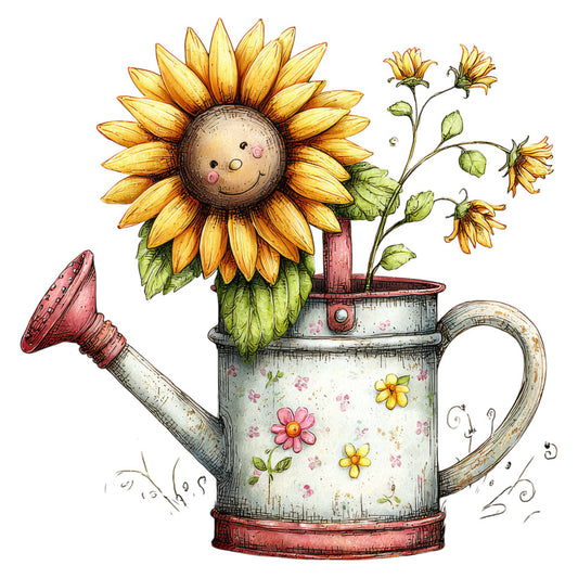 sunflower, watering can, cute face, whimsical, spring, summer, garden, nature, floral, yellow, cream, dusty rose, coral pink, green, vintage, cottage core, farmhouse, botanical, cheerful, playful, daisy, decorative flowers, illustrated, hand-drawn, wall hanging, home decor, children's, baby, pastoral, countryside