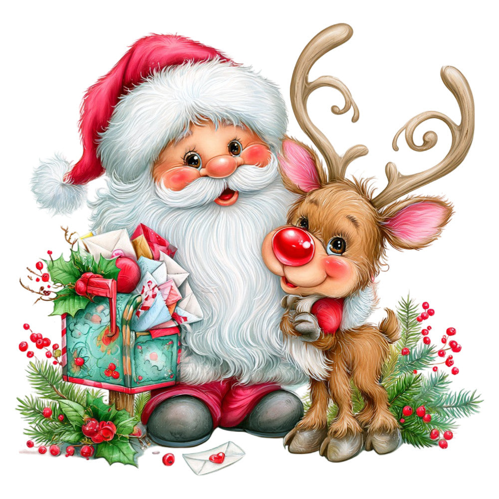santa, reindeer, christmas, holiday, festive, whimsical, red nose reindeer, rudolph, jolly santa, red and white, forest green, cream, red, gold accents, nose, cute characters, children's, playful, traditional christmas, vintage style, nostalgic, winter, cheerful, gift giving, decorative panel, wall art, children's quilt, holiday decor, seasonal