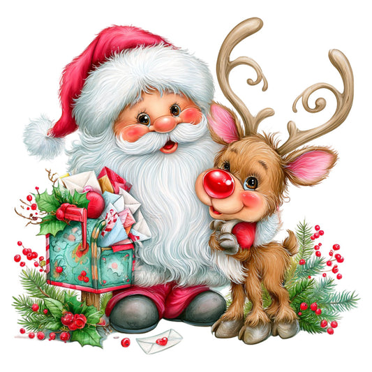 santa, reindeer, christmas, holiday, festive, whimsical, red nose reindeer, rudolph, jolly santa, red and white, forest green, cream, red, gold accents, nose, cute characters, children's, playful, traditional christmas, vintage style, nostalgic, winter, cheerful, gift giving, decorative panel, wall art, children's quilt, holiday decor, seasonal
