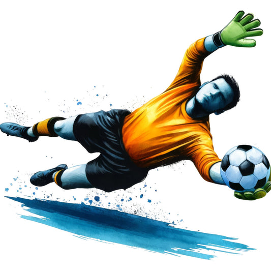 soccer, goalkeeper, sports, athletic, action, orange, yellow, blue, green, black, white, watercolor, splatter, dynamic, energetic, modern, contemporary, illustrated, character, sports theme, ball, gloves, uniform, youth, child-friendly, boys, men, vibrant, playful