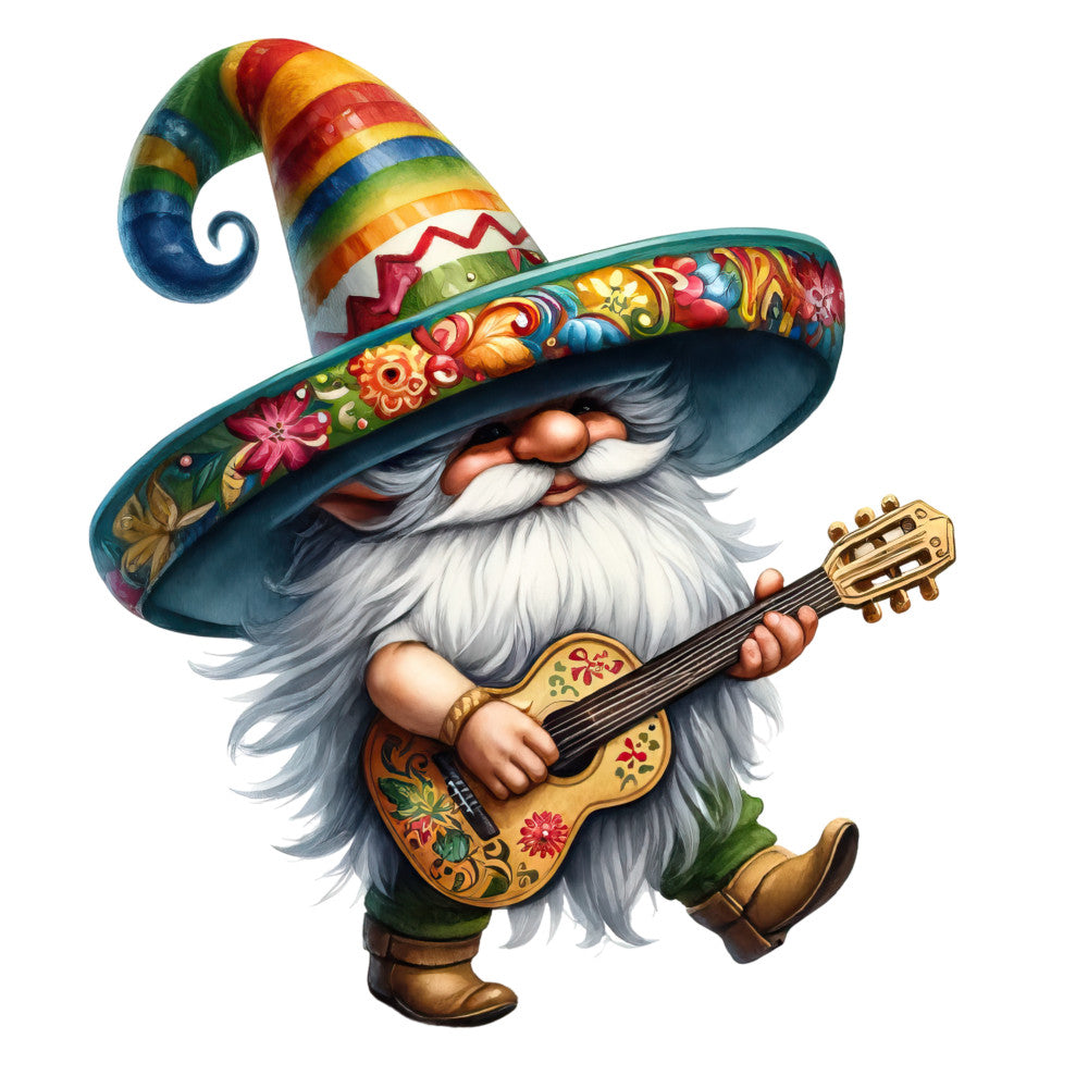 mexican gnome, guitar player, colorful sombrero, rainbow stripes, floral patterns, white beard, brown boots, green clothing, turquoise, orange, red, yellow, blue, folk art style, whimsical character, fabric panel, quilting cotton, festive design, musical theme, decorative motifs