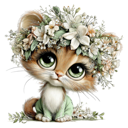 cat, flowers, floral, white flowers, cream flowers, green leaves, botanical, animal, whimsical, cute, illustration, nature, spring, sage green, cream, tan, brown, golden brown, daisy, baby animal, kitten, playful, children's, nursery, fantasy, enchanted, vintage botanical, folk art, detailed illustration, artistic