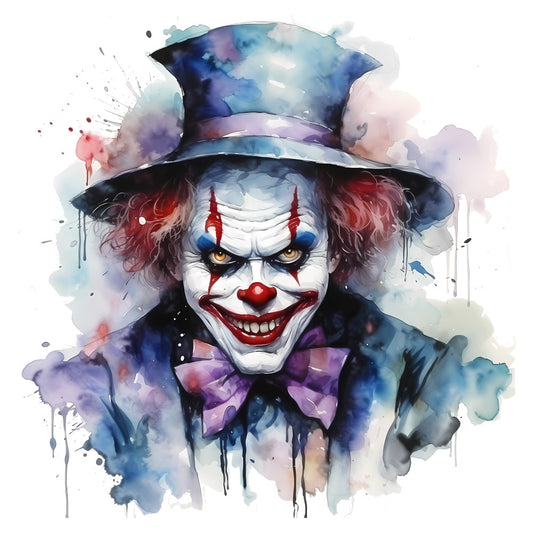 clown, watercolor, abstract, whimsical, dark art, fantasy, circus, theatrical, halloween, spooky, gothic, top hat, red nose, white face paint, blue eyes, purple bow tie, dark blue, crimson red, ivory white, splatter effect, artistic, contemporary, entertainment, haunting, dramatic, creepy, performers, masquerade, costume