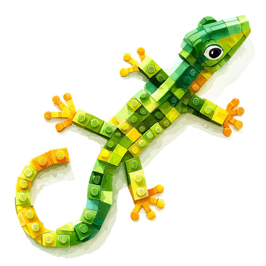 green gecko, building blocks, lizard, lime green, orange accents, yellow details, reptile design, children's fabric, playful animal, toy blocks, bright colors, fabric panel, quilting cotton, kids decor, geometric pattern, construction theme, colorful reptile, craft fabric, nursery fabric, fun animal design