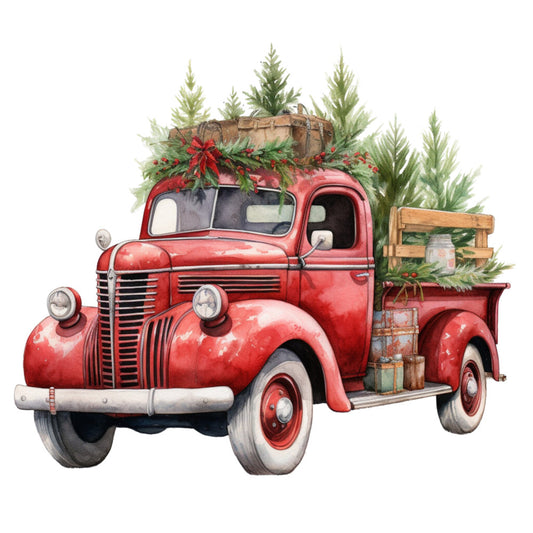 red truck, vintage pickup, christmas tree, evergreen branches, holly berries, wicker basket, wooden crates, watercolor style, rustic charm, holiday theme, fabric panel, quilting cotton, festive decor, winter scene, nostalgic illustration, country farmhouse, seasonal motif, truck bed cargo, pine garland, red bow accent