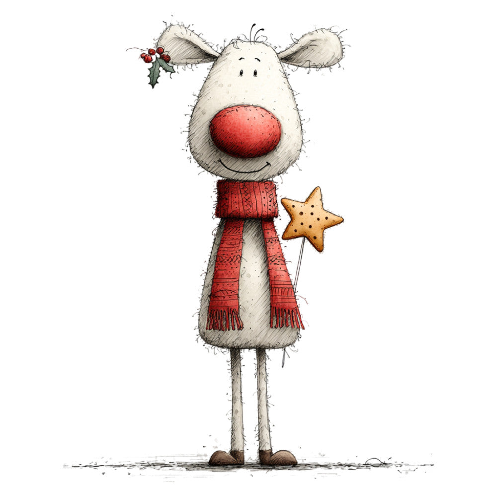 reindeer, red-nosed, rudolph, christmas, holiday, festive, whimsical, cute, charming, cream, red, tan, brown, stars, cookie, holly berries, winter, seasonal, children, kids, nursery, playful, hand-drawn, illustration, animal, folk art, rustic, joy, cheerful