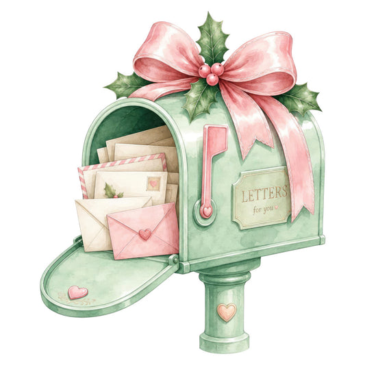 sage green, dusty rose, pink, cream, ivory, mailbox, letters, hearts, holly leaves, ribbon bow, vintage, romantic, whimsical, elegant, spring, love, correspondence, stationery, botanical, nature, cottage core, shabby chic, feminine, delicate, decorative, embellishments, greeting card aesthetic, pastoral, sweet, charming