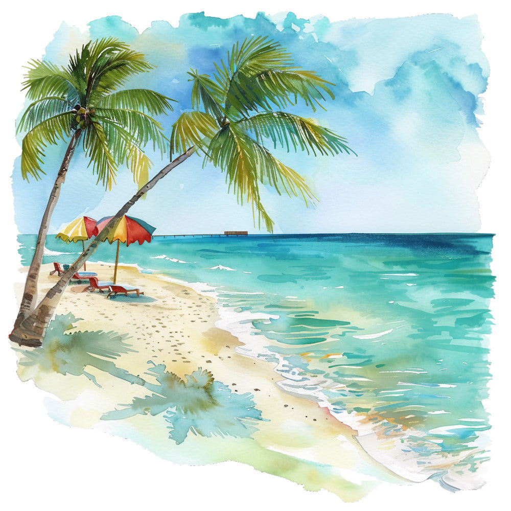 watercolor, tropical beach, palm trees, turquoise water, sandy shore, beach umbrella, lounge chairs, ocean waves, blue sky, clouds, summer vacation, coastal scene, aqua, teal, green foliage, beige sand, fabric panel, quilting cotton, tropical paradise, seaside landscape