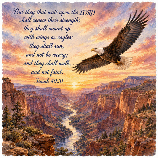 eagle, scripture, inspirational, religious, spiritual, landscape, canyon, sunset, sunrise, warm colors, gold, orange, rust, terracotta, purple, blue, mauve, nature, scenic, mountains, river, wildlife, birds, motivational, faith, traditional, elegant, wall hanging, home decor, bedding