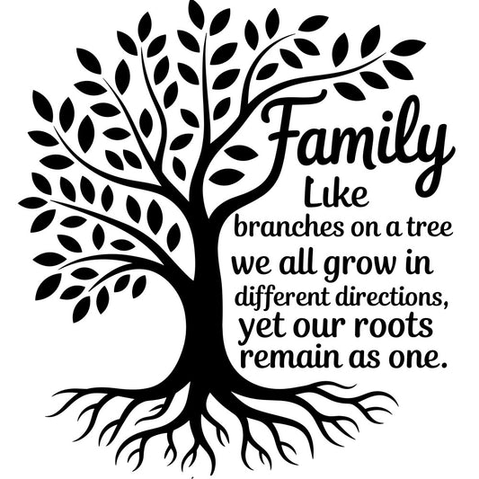 black and white, monochrome, family tree, silhouette design, tree branches, root system, leaves, botanical motif, fabric panel, quilting cotton, inspirational text, nature theme, tree of life, contrast design, decorative panel, craft fabric, scripted font, organic shapes, minimalist style