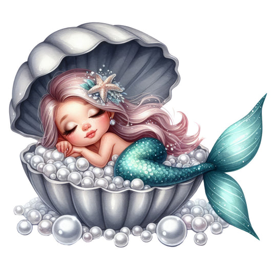sleeping mermaid, fabric panel, aqua tail, pink hair, giant shell, white pearls, starfish crown, ocean themed, whimsical art, turquoise scales, gray shell, fantasy character, nautical design, sea creature, cotton panel, quilting fabric, children's motif, magical scene, underwater theme, soft pastels