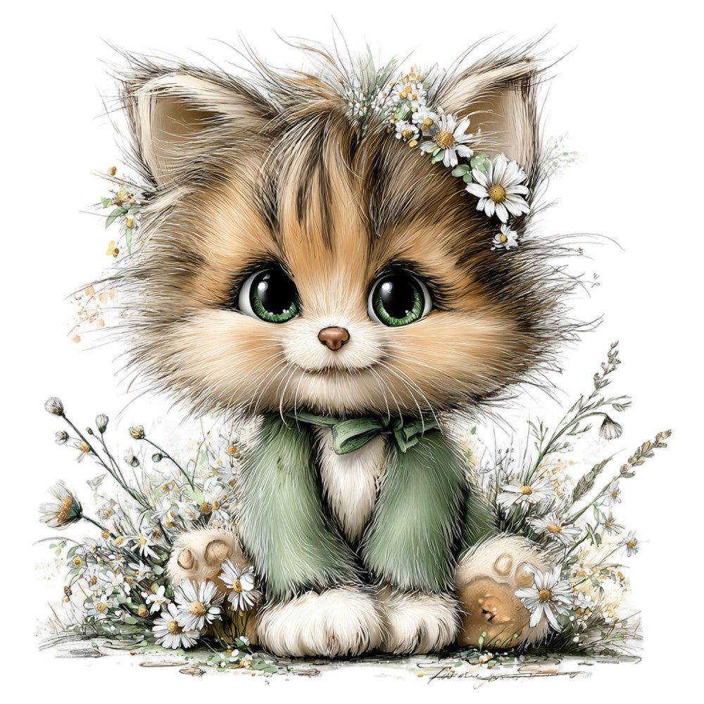 fluffy cat, cat face, green eyes, daisies, white flowers, floral wreath, cute animals, whimsical, garden flowers, spring, nature, botanical, soft colors, cream, tan, sage green, taupe, brown, pastoral, children's, baby, sweet, adorable, illustration style, decorative panel, wall art, nursery, kawaii, gentle, delicate