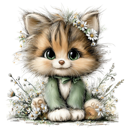 fluffy cat, cat face, green eyes, daisies, white flowers, floral wreath, cute animals, whimsical, garden flowers, spring, nature, botanical, soft colors, cream, tan, sage green, taupe, brown, pastoral, children's, baby, sweet, adorable, illustration style, decorative panel, wall art, nursery, kawaii, gentle, delicate
