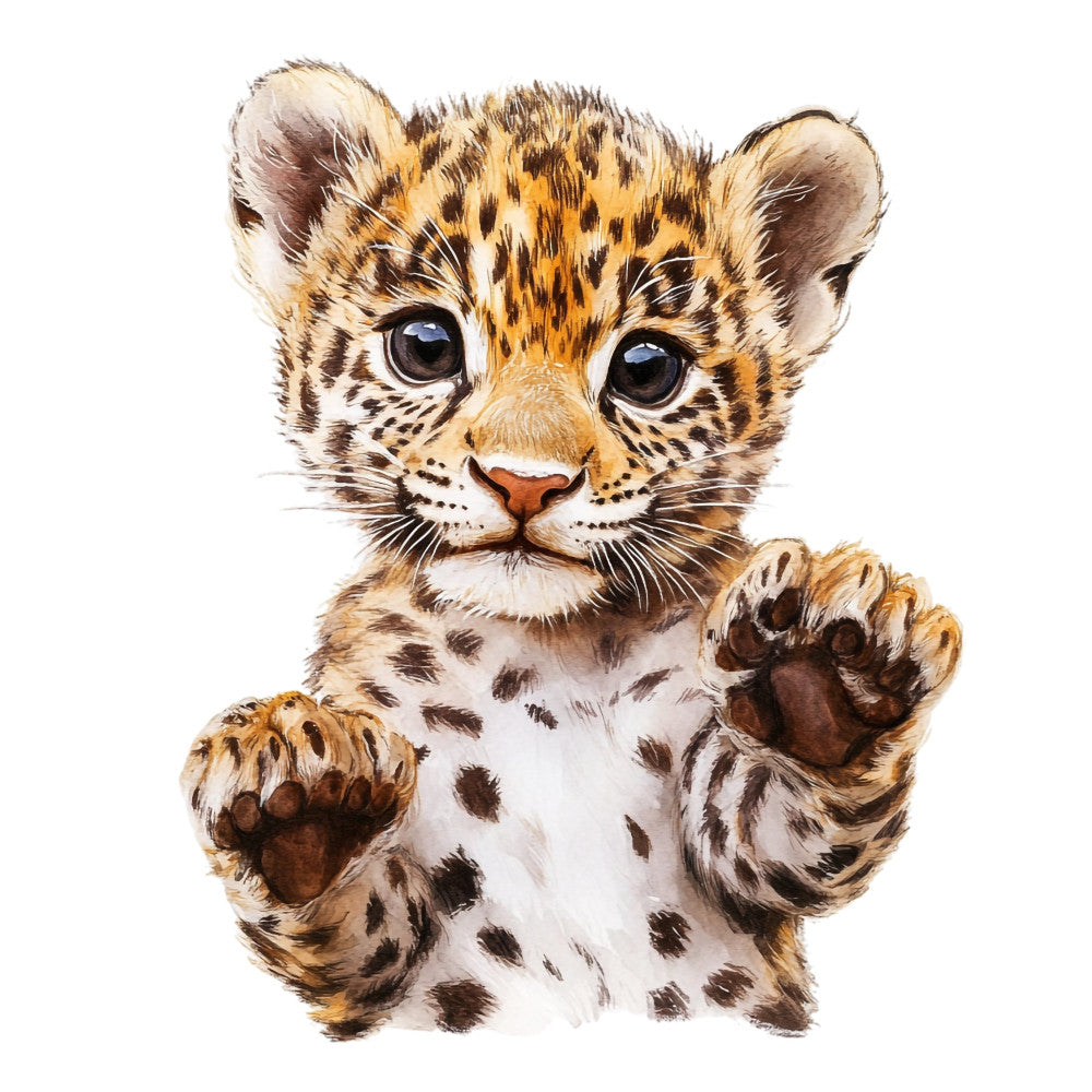leopard cub, baby leopard, spotted cat, wildlife, animals, big cat, safari, nature, cream, tan, golden yellow, brown, black spots, spotted pattern, cute, whimsical, playful, children's, kids, nursery, baby, adorable, endangered species, African wildlife, realistic, detailed illustration, paw pads, big eyes, wall hanging, baby quilt