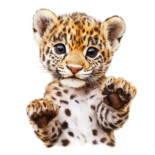 leopard cub, baby leopard, spotted cat, wildlife, animals, big cat, safari, nature, cream, tan, golden yellow, brown, black spots, spotted pattern, cute, whimsical, playful, children's, kids, nursery, baby, adorable, endangered species, African wildlife, realistic, detailed illustration, paw pads, big eyes, wall hanging, baby quilt