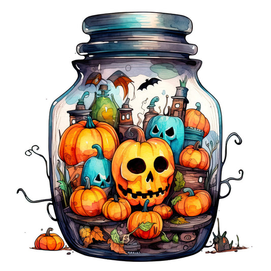 Watercolor Halloween Jar Fabric Panel 6