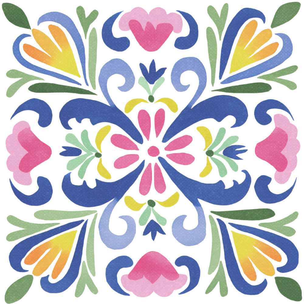 navy blue, coral orange, golden yellow, dusty rose, hot pink, sage green, forest green, light blue, symmetrical, geometric, floral, folk art, medallion, ornamental, hearts, flowers, leaves, scrolls, whimsical, bohemian, traditional, vibrant, spring, cheerful, nature-inspired, decorative, intricate, tile pattern, botanical, cottage style