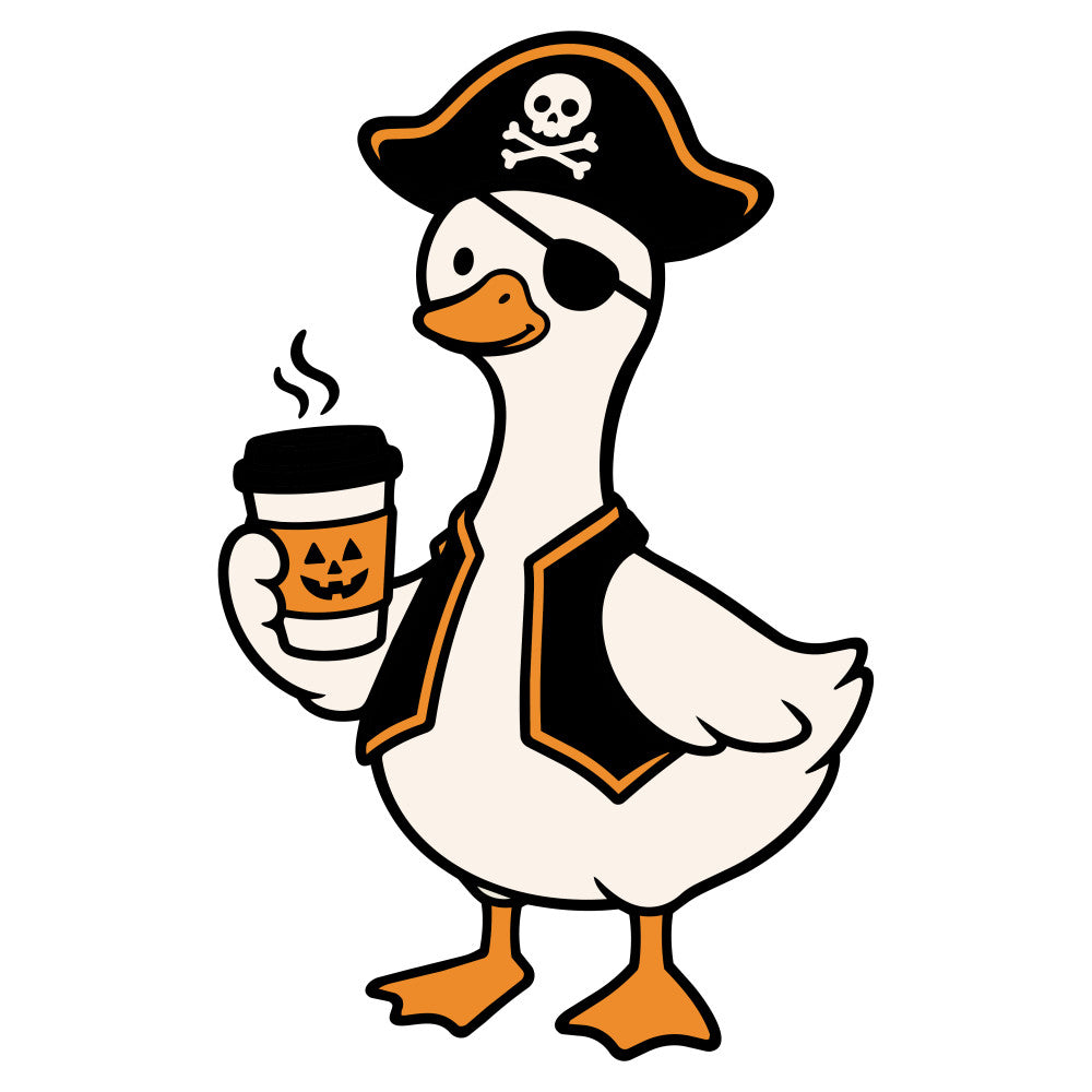pirate duck, halloween, jack-o-lantern, pumpkin spice coffee, orange and black, cream, whimsical, autumn, fall, holiday, pirate hat, eye patch, skull and crossbones, festive, fun, playful, animal characters, bird theme, novelty print, seasonal, trick-or-treat, spooky, costume theme, children's, kids, cartoon style, beverage motif, coffee lover, halloween party