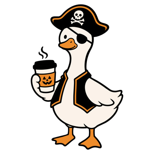 pirate duck, halloween, jack-o-lantern, pumpkin spice coffee, orange and black, cream, whimsical, autumn, fall, holiday, pirate hat, eye patch, skull and crossbones, festive, fun, playful, animal characters, bird theme, novelty print, seasonal, trick-or-treat, spooky, costume theme, children's, kids, cartoon style, beverage motif, coffee lover, halloween party
