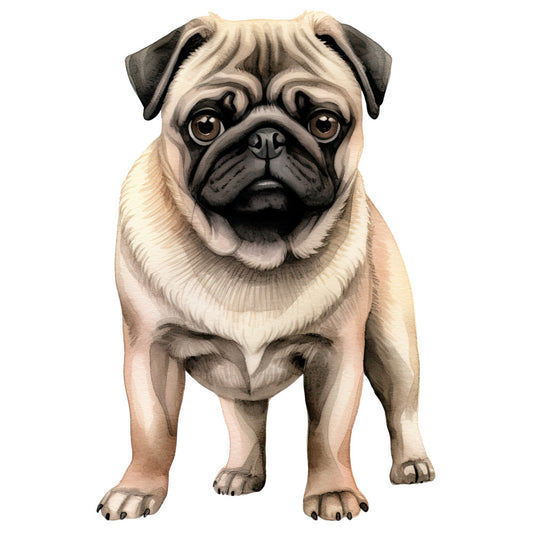 Watercolor Pug Fabric Panel 24 featuring a detailed pug illustration printed on premium 100% quilting cotton, made in USA.
