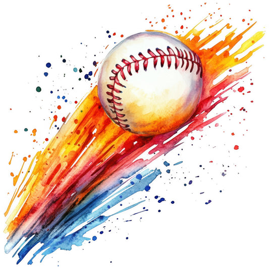 baseball, sports, watercolor, abstract, splatter, paint splash, dynamic, energetic, modern, action, red, orange, yellow, blue, navy blue, coral red, golden yellow, multicolor, athletic, game day, recreation, home decor, wall art, sports themed, artistic, contemporary, ink wash, gradient, vibrant, youth