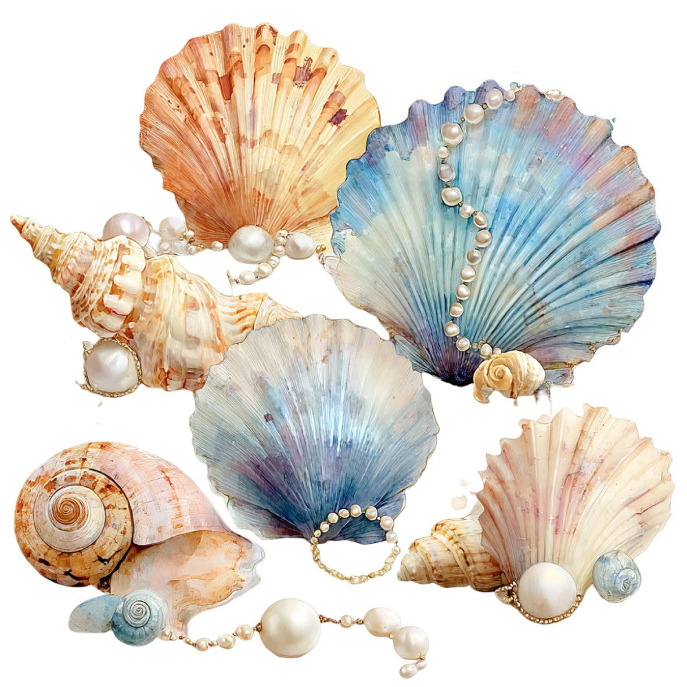 seashells, ocean, nautical, coastal, beach, pearls, shells, conch, fan shells, watercolor, blue, cream, coral, peach, rose gold, iridescent, metallic accents, elegant, whimsical, nature, summer, seaside, mermaid, tropical, vintage, soft colors, pastel, gradient, dimensional, decorative