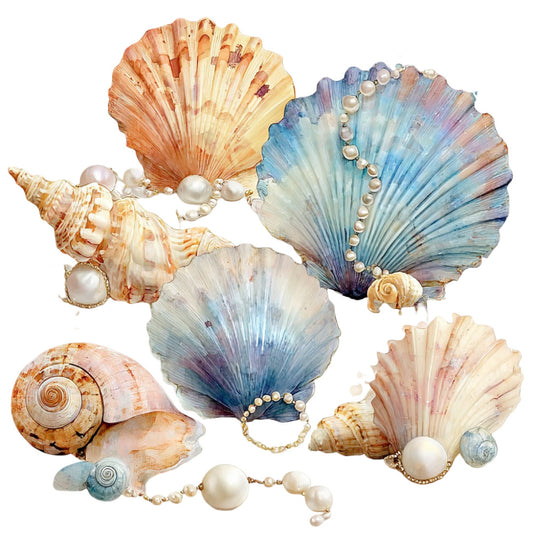 seashells, ocean, nautical, coastal, beach, pearls, shells, conch, fan shells, watercolor, blue, cream, coral, peach, rose gold, iridescent, metallic accents, elegant, whimsical, nature, summer, seaside, mermaid, tropical, vintage, soft colors, pastel, gradient, dimensional, decorative