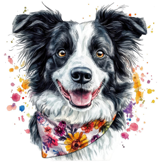 watercolor style, border collie, dog portrait, black and white fur, amber eyes, floral bandana, colorful paint splashes, orange accents, purple splashes, yellow blooms, pink watermarks, pet fabric panel, quilting cotton, animal design, happy expression, tongue out, artistic rendering, vibrant colors, pet lover theme, decorative fabric