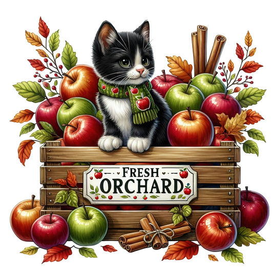 autumn orchard, black and white cat, cinnamon sticks, fall foliage, fresh apples, green apples, red apples, golden yellow, rust orange, burgundy, forest green, cream white, nature themed, farmhouse style, rustic, harvest season, seasonal, woodland creatures, fruit motif, autumn leaves, cozy aesthetic, apple picking, orchard scene, traditional, cottage style, fall colors, warm tones, botanical, decorative panel, home decor
