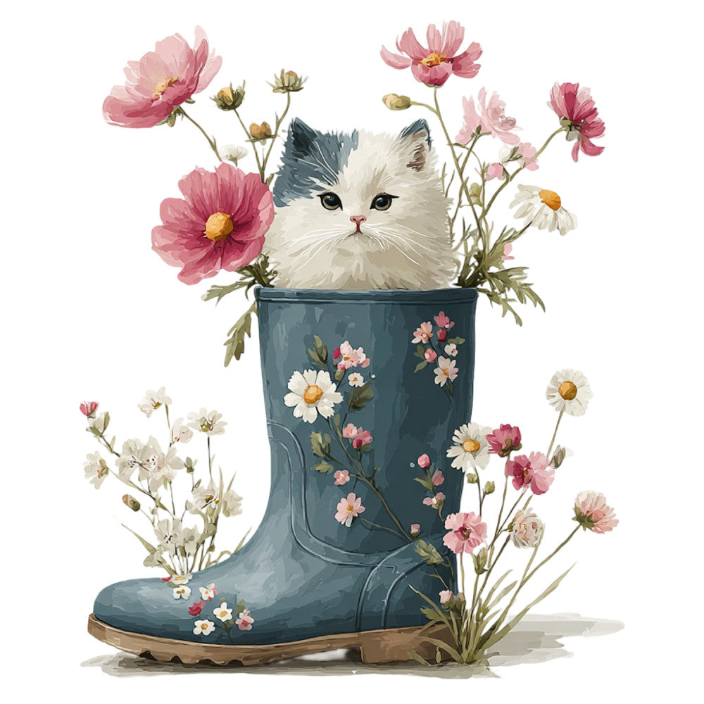 white cat, pink cosmos, daisy flowers, blue rain boot, floral design, nature theme, whimsical style, cat lover, animal motif, cottage core, garden flowers, spring colors, dusty blue, coral pink, cream white, botanical print, vintage inspired, farmhouse style, decorative boot, flower arrangement, nature lover, charming design, illustration style, delicate florals, sweet aesthetic, playful theme, children's fabric, nursery decor, wall art, home decor